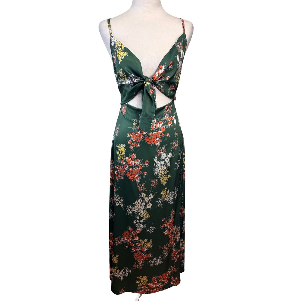 Floral Satin Cutout Tie Front Midi Dress Womens L Green Floral‎ Wedding Party